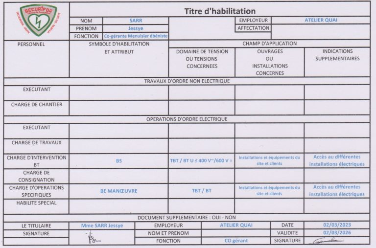 Carte d'habilitation éléctrique de l'atelier QUAI